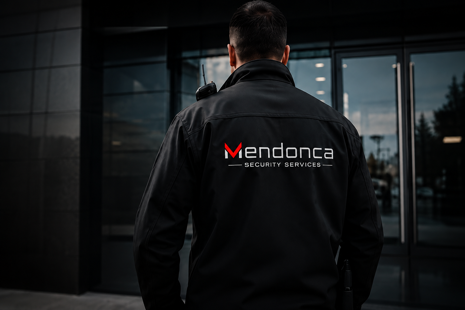 Beveiliger van Mendonca Security Services in een modern kantoorpand in de avond